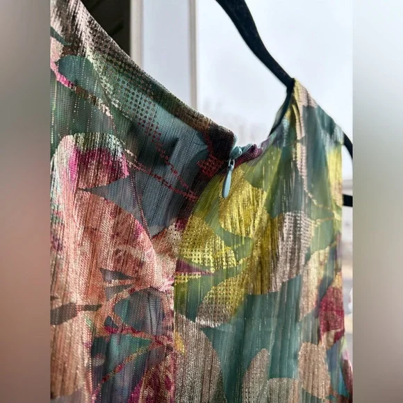 🆕 Ignite Evenings Metallic Floral Maxi Dress Size 16 Teal Gold Gown Pleated Prom - Picture 10 of 16